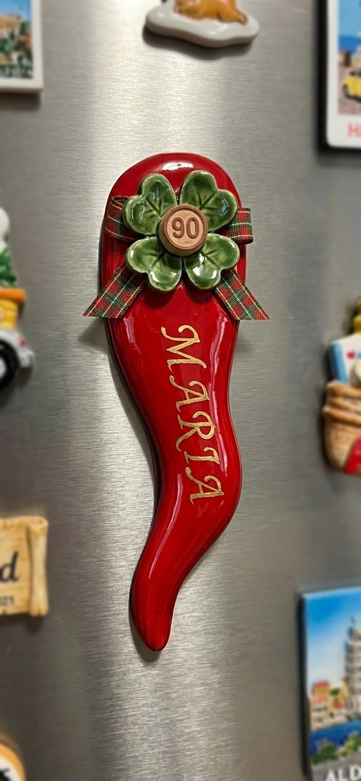 Corno Portafortuna in Ceramica Fatto a Mano con Nome e Numero Tombola | Segnaposto Personalizzato per Natale