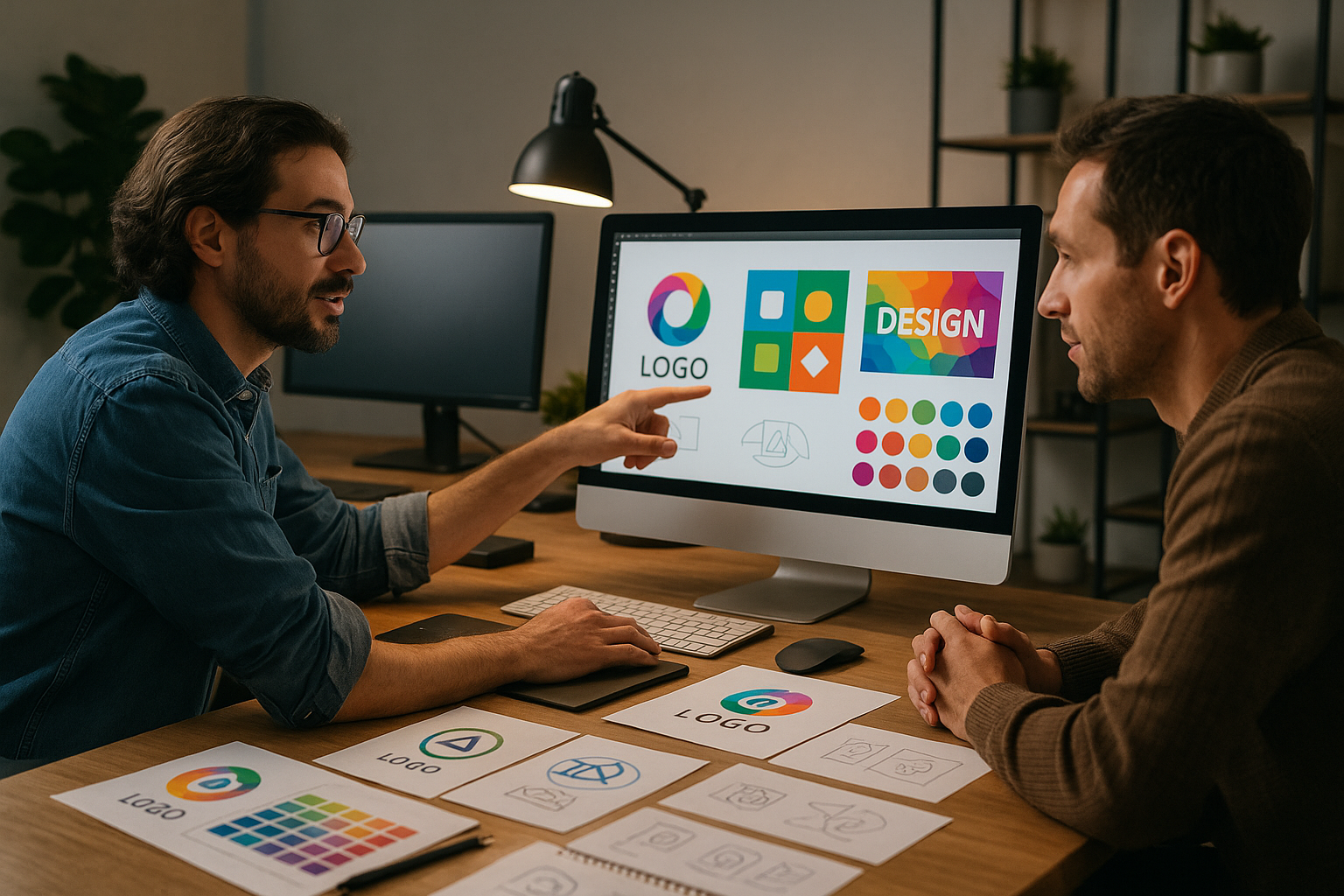 un grafico al pc mentre parla con il cliente per scegliere la grafica