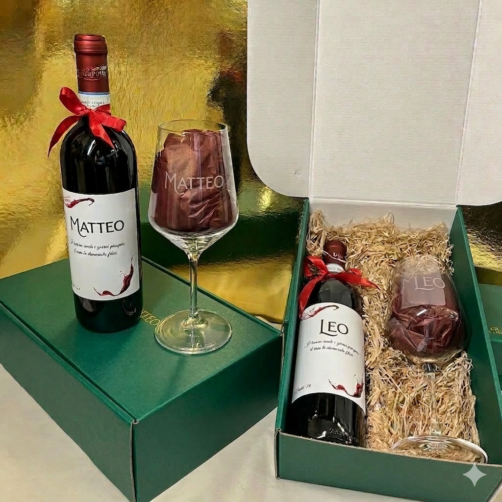 Kit Regalo Personalizzato: Vino Locale (Rosso/Bianco) con Calice Inciso e Box Regalo