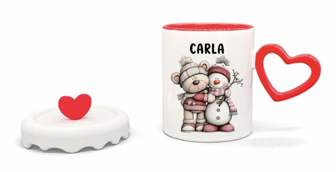 Tazza in Ceramica Personalizzabile 350ml con Manico e Tappo a Cuore | Lavabile in Lavastoviglie | Mug Regalo Natalizio e San Valentino