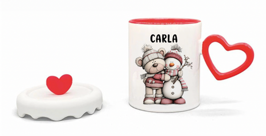 Tazza in Ceramica Personalizzabile 350ml con Manico e Tappo a Cuore | Lavabile in Lavastoviglie | Mug Regalo Natalizio e San Valentino
